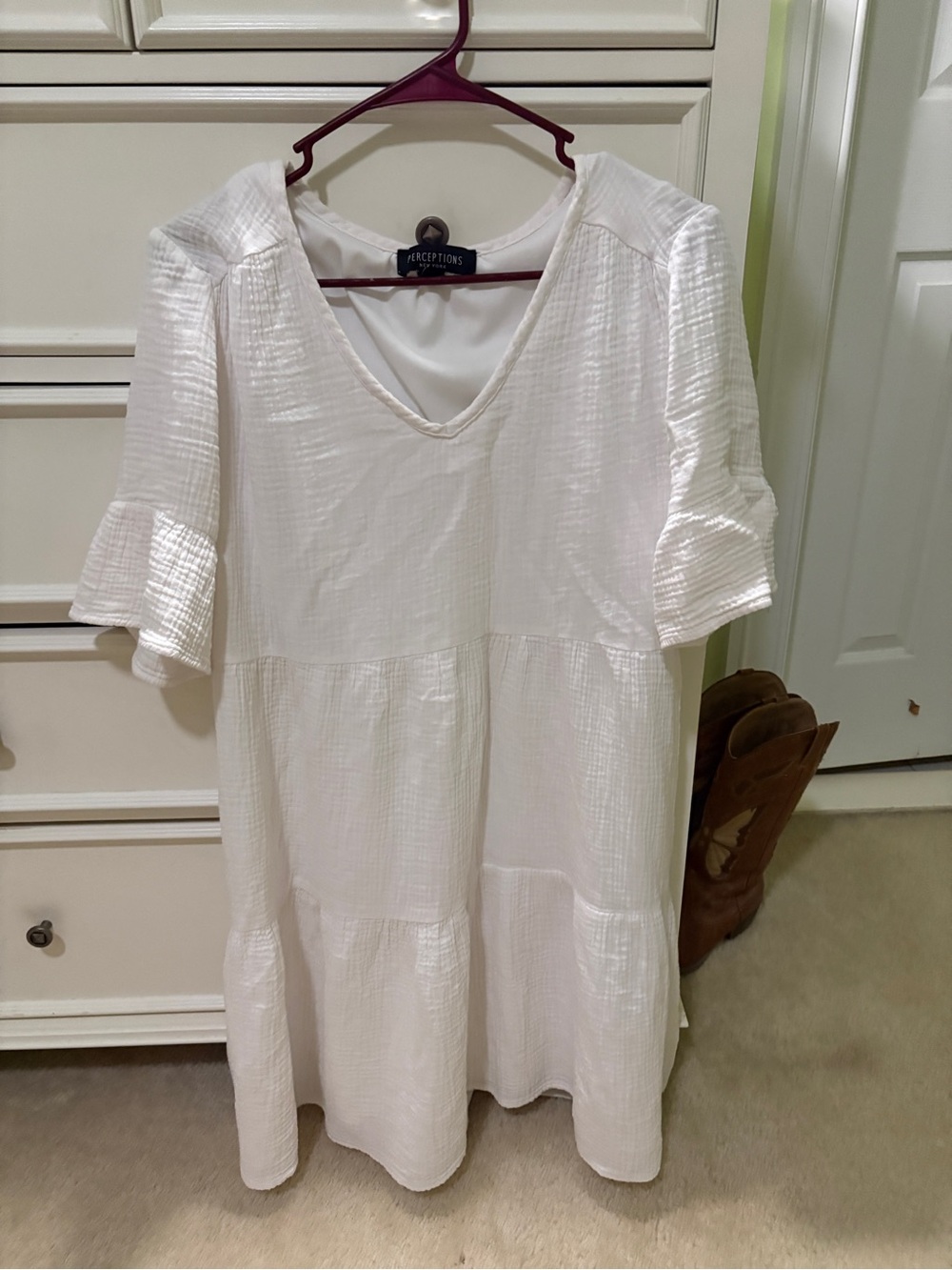 Perceptions White Textured V-Neck Tiered Dress